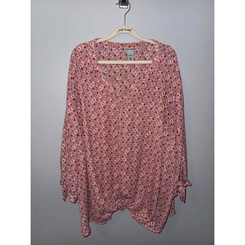 Catherines 4X Pink Red Geometric Diamond Tie Front V-Neck Blouse Plus  30/32